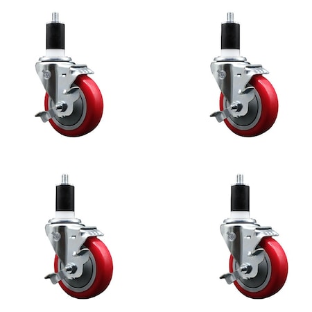 Service Caster 4'' Red Poly Swivel 1-1/2'' Expanding Stem Caster Set with Brake, 4PK SCC-EX20S414-PPUB-RED-TLB-112-4
